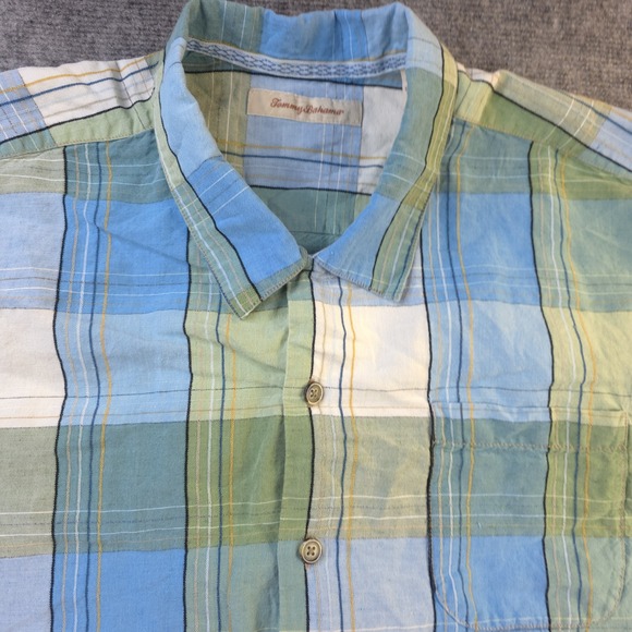 Tommy Bahama Shirt 2XL Blue Green Plaid Short Sleeve Linen Silk Blend Button Up - Picture 2 of 7
